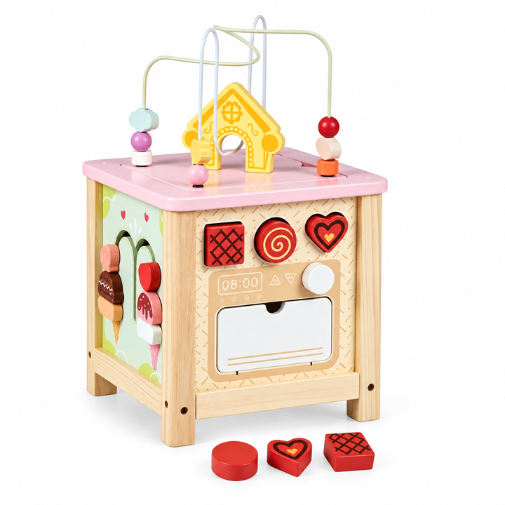 Wooden Montessori activity cube with pastel bead maze, yellow house center, pretend oven and removable red blocks.