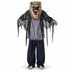 6.9ft Animated Standing Werewolf Halloween prop, full front view with tan mane, torn black cape and skeletal claws