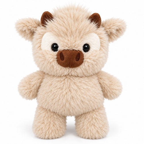 Highland Cow plush toy 40cm, front view: fluffy beige fur, brown horns and brown snout