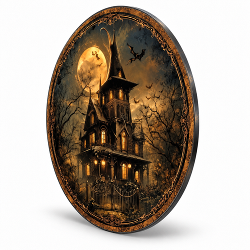 8x8in Vintage Halloween Haunted Castle Round Metal Tin Sign - alternate view
