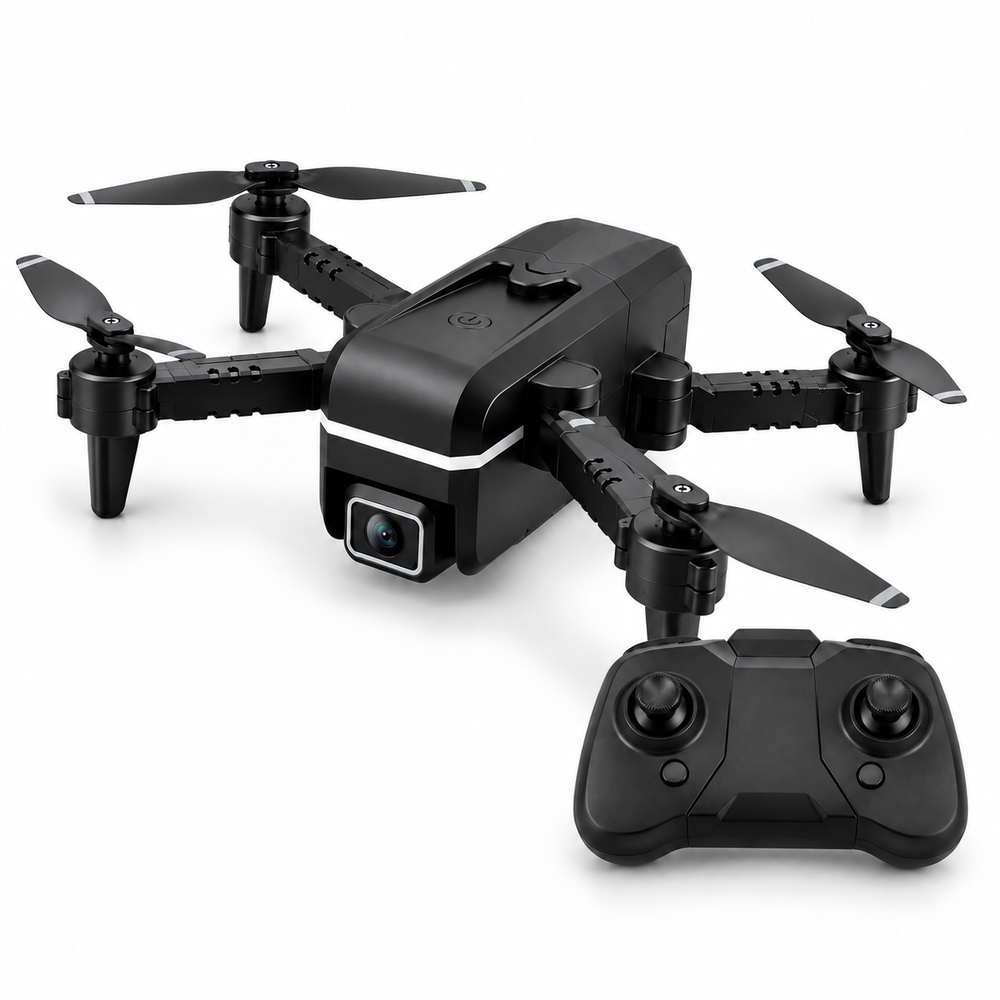KK1 Quad Air drone right-facing three-quarter hero view with matching controller bottom-right.