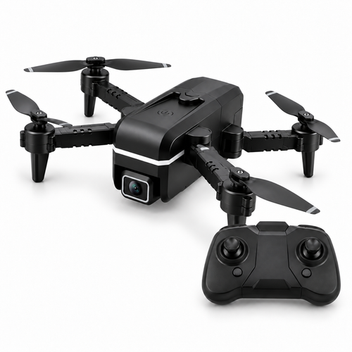 KK1 Quad Air drone right-facing three-quarter hero view with matching controller bottom-right.