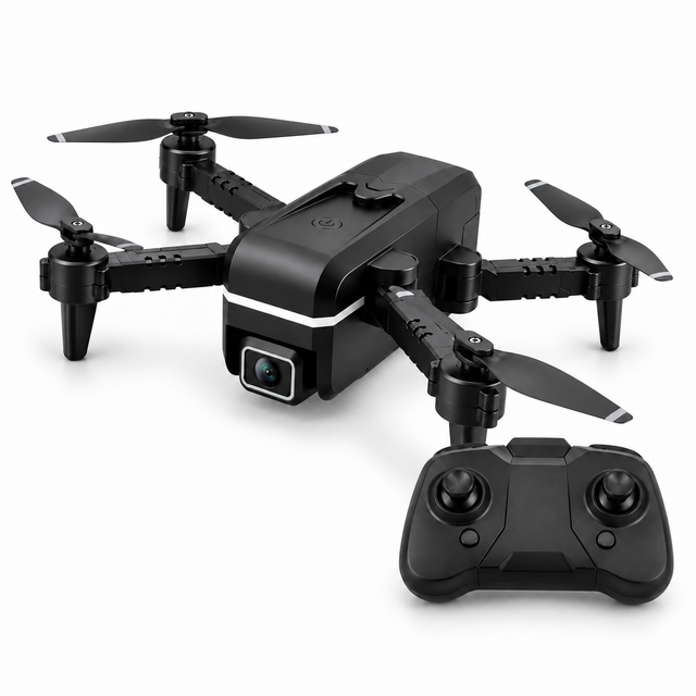 KK1 Quad Air drone right-facing three-quarter hero view with matching controller bottom-right.