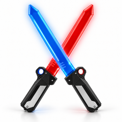 Red and blue light-up toy sword set crossed in a premium studio hero view