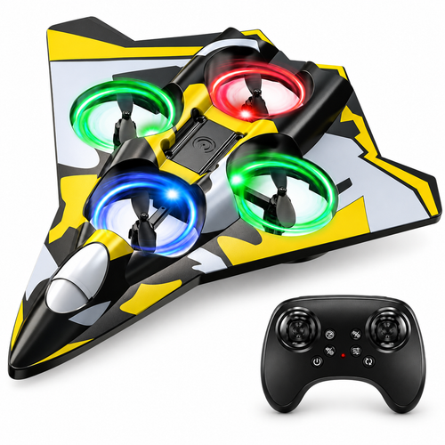 Yellow foam RC jet with four LED-ring propellers and matching controller, white studio main image.
