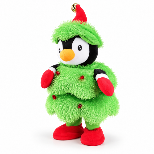 Electric dancing singing plush penguin in green Christmas tree costume, three-quarter hero view