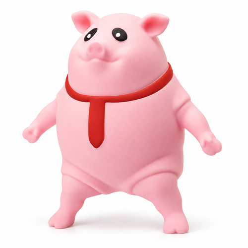 Pink pig TPR squeeze toy, left-facing three-quarter hero on white studio background