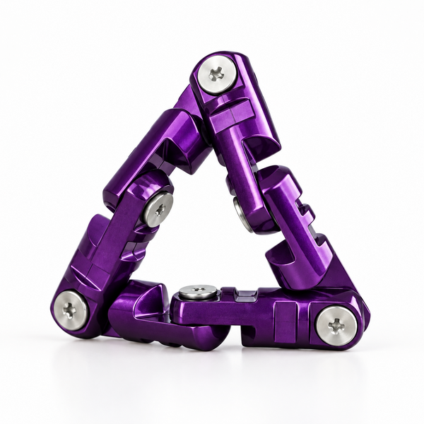 Metal infinite flip chain fidget bracelet in purple anodised aluminium, folded into a triangle, on white