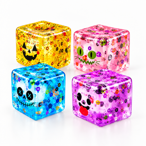 4PCS Halloween squishy stress cubes set: pink, yellow, purple and blue glitter cubes with printed Halloween faces