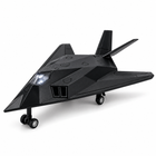 Black die-cast stealth fighter jet toy in a front three-quarter studio view with its cockpit LED lit.