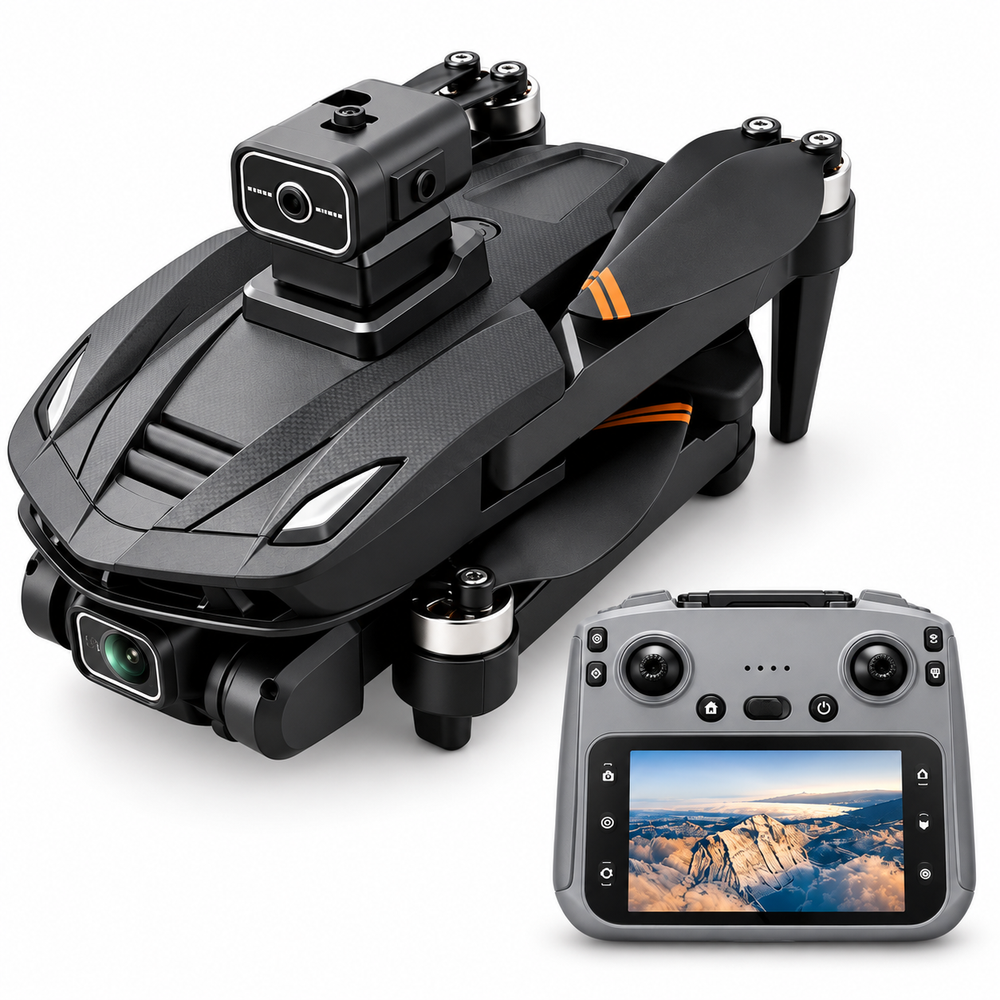 V168 MAX GPS drone with matching screen controller, left-facing three-quarter hero view.