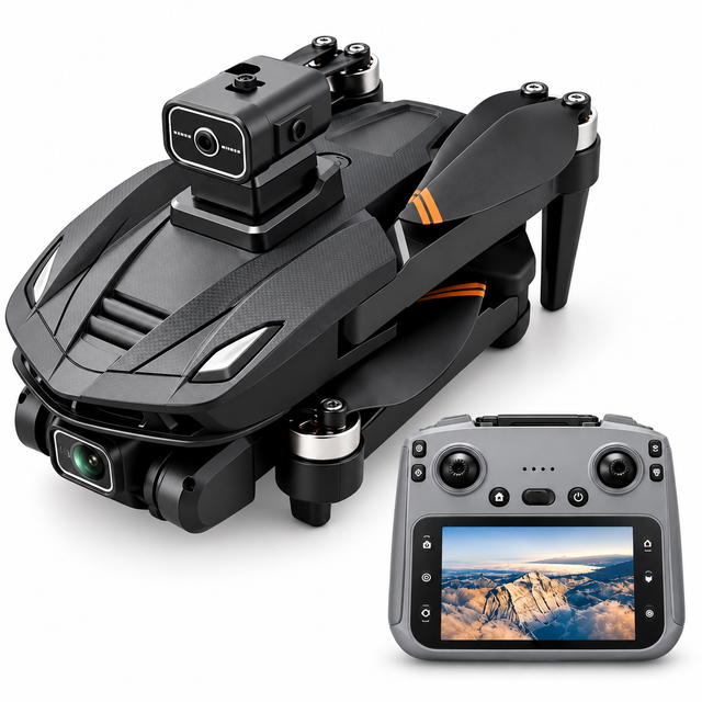 V168 MAX GPS drone with matching screen controller, left-facing three-quarter hero view.