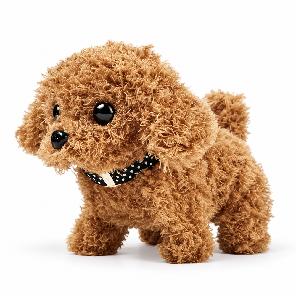 Cute electric plush walking puppy, three-quarter left-facing hero view