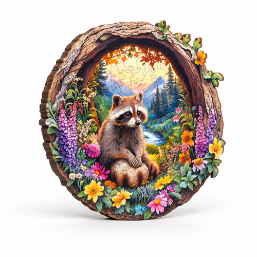 Complete Artistic Raccoon Forest Wooden Puzzle on pure white background