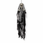 Hanging Halloween grim reaper prop with skull, bony hands and shredded grey and black gauze robe