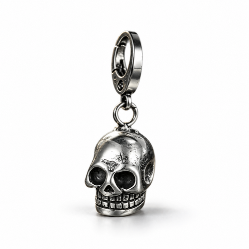Silver stainless steel skull keychain EDC keyring, three-quarter front view