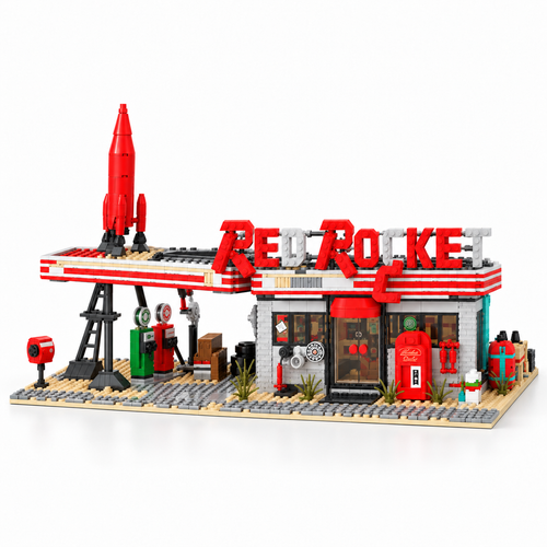 Red abandoned gas station building set front view with RED ROCKET letters, rocket tower, fuel pumps and shop