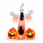 11.8ft giant Halloween inflatable ghost with spider print and two pumpkins, lit front view
