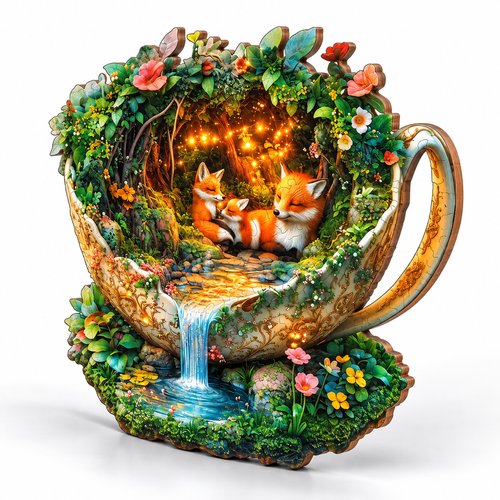 Enchanted Forest Fox Wooden Jigsaw Puzzle - Irregular Wildlife Art Puzzle for Adults - alternate view