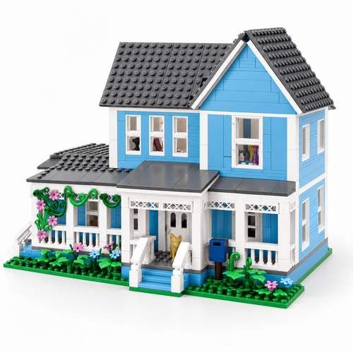 Lorelai Girls movie house building set, three-quarter view of the blue brick house with white porch and grey roof