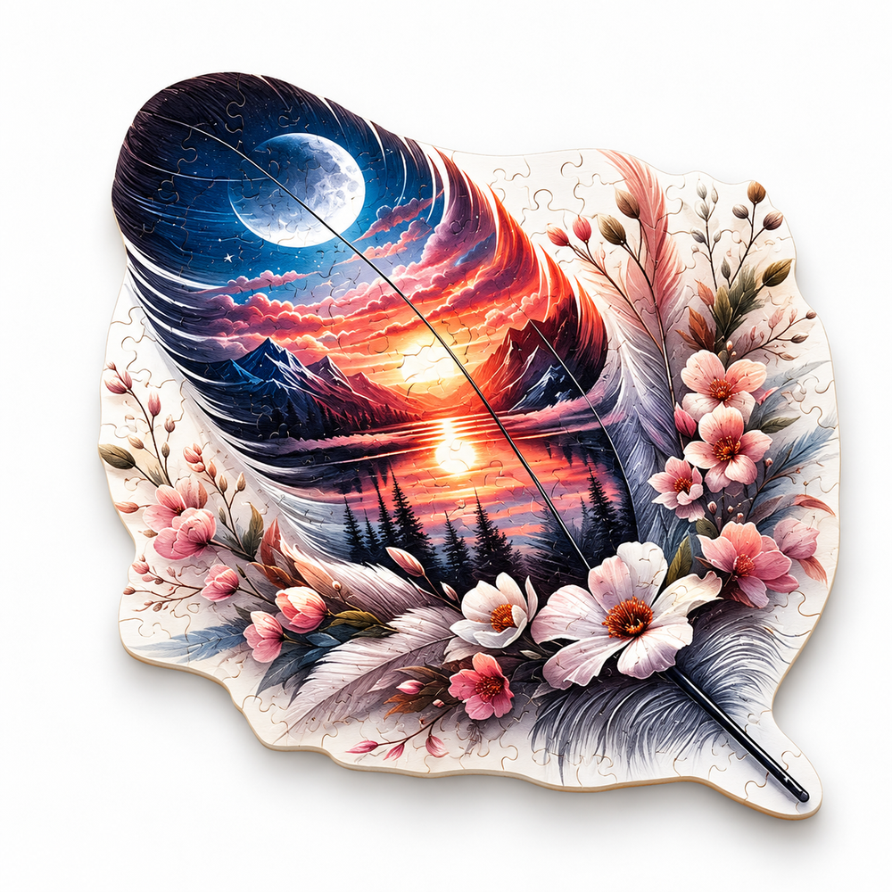 Celestial Feather wooden jigsaw puzzle assembled, feather-shaped moon and sunset artwork with flowers