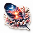 Celestial Feather wooden jigsaw puzzle assembled, feather-shaped moon and sunset artwork with flowers