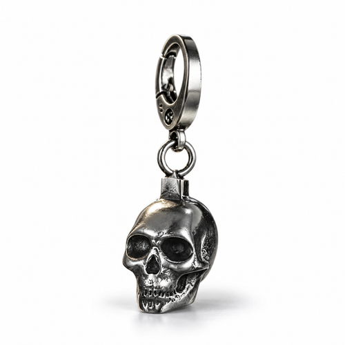 Men's stainless steel skull keychain pendant EDC key fob, three-quarter front view