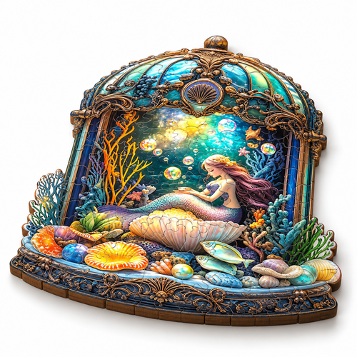 Graceful Mermaid Wooden Jigsaw Retro Dome Underwater Art - alternate view