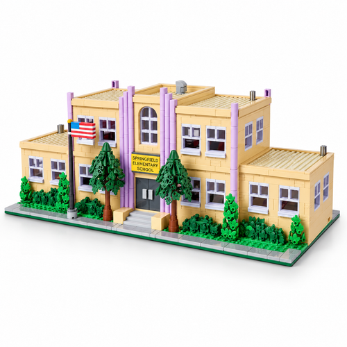 Springfield School building blocks set, three-quarter view of the beige and lilac brick school with flag and trees