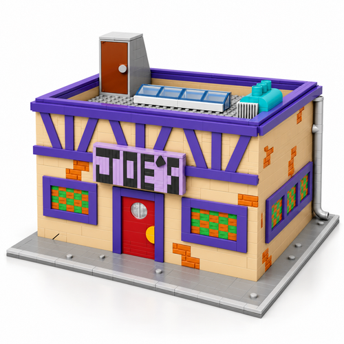 Joe's Bar building blocks set, three-quarter view of the tan and purple brick bar with red door and JOE'S sign