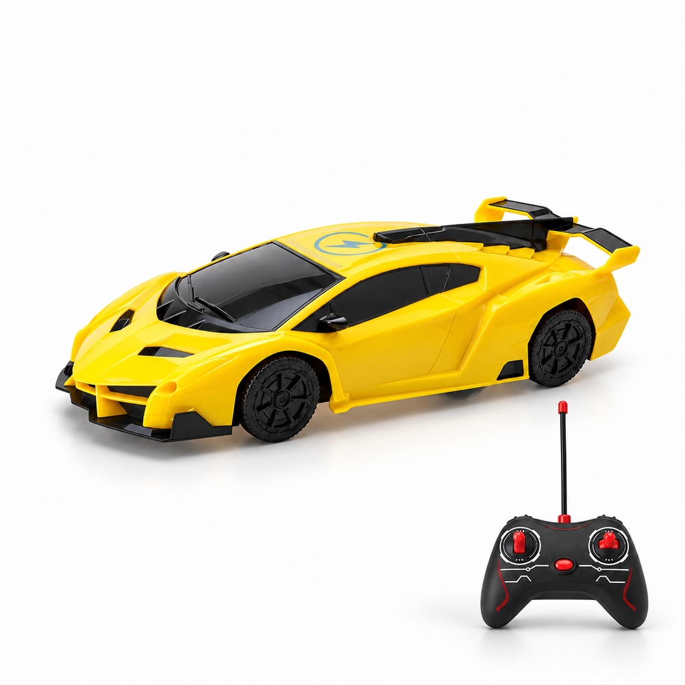 Yellow RC wall-climbing sports car with its remote controller on a white studio floor