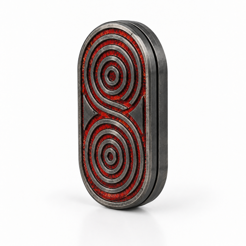 Fritillary metal EDC fidget slider, Agate Red: gunmetal body with red agate inlay, standing upright