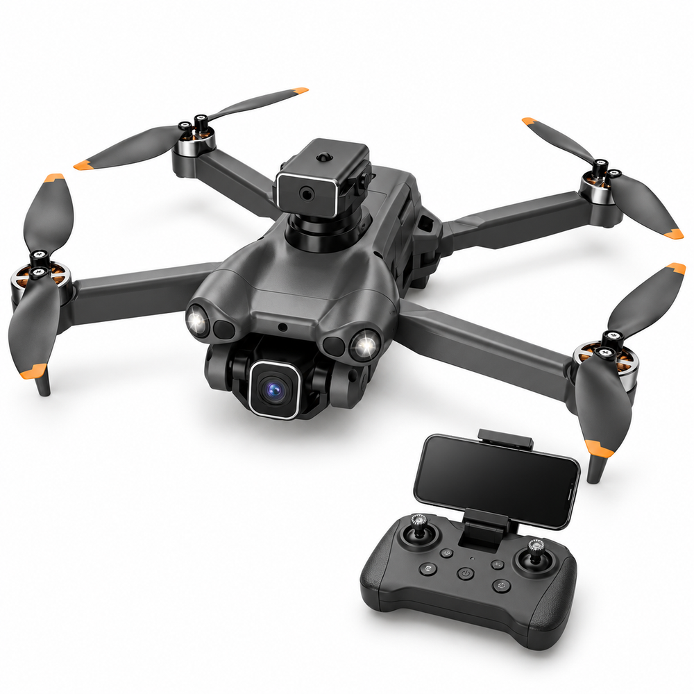 CS25 matte black drone with remote controller on a white studio background