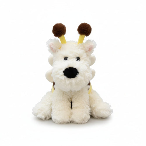 20cm electric bee dog plush, front view: fluffy cream puppy with pompom antennae and bee costume
