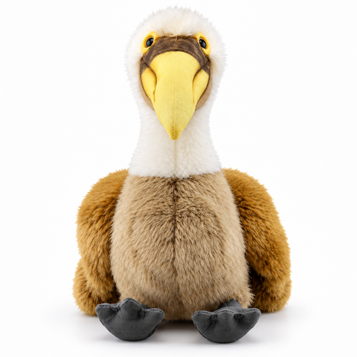 30cm lifelike pelican plush toy seen from the front: yellow beak; white head; tan body; grey feet