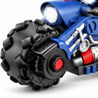 scale-rc-stunt-drift-motorcycle-omni-wheels-rider-blue: accurate close-up macro detail.