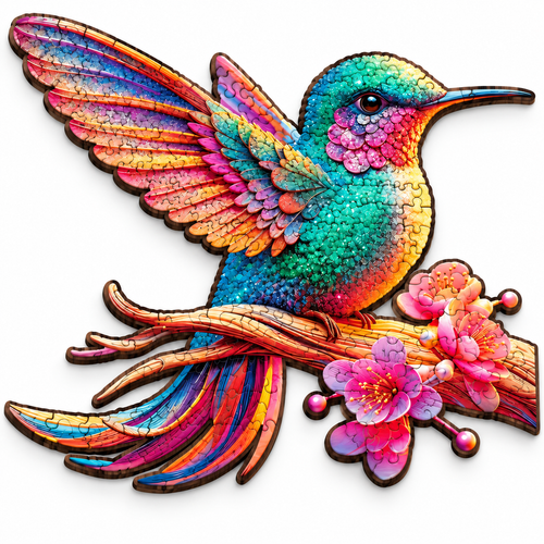 Rainbow Hummingbird Wooden Jigsaw Puzzle Unique Bird Shaped Art - alternate view