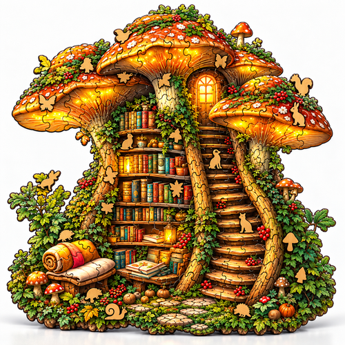 Giant Mushroom Cottage Wooden Puzzle Fantasy Forest Library - alternate view