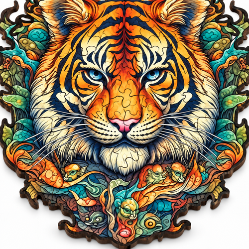 Majestic Tiger Wooden Jigsaw Puzzle Unique Animal Shaped Pieces - alternate view