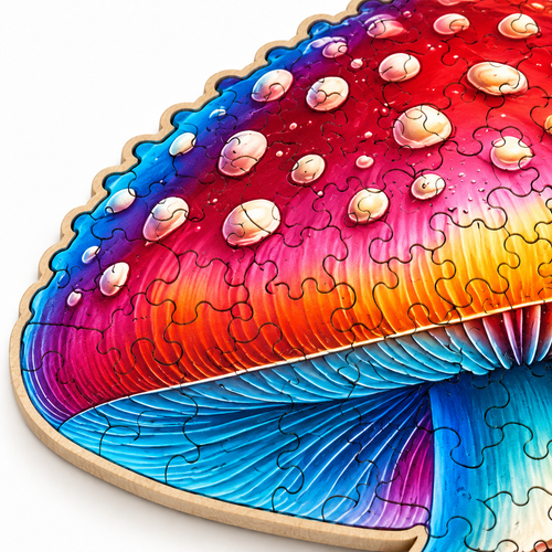 Fly Agaric Mushroom Wooden Jigsaw Puzzle Unique Shaped Pieces Fantasy Forest Art - alternate view