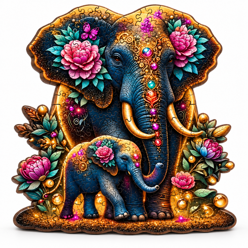 Mystical Elephant Family Wooden Puzzle Unique Shaped Pieces & Floral Art - alternate view