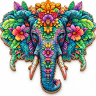 Macro detail of the tropical floral elephant wooden puzzle and interlocking piece cuts.