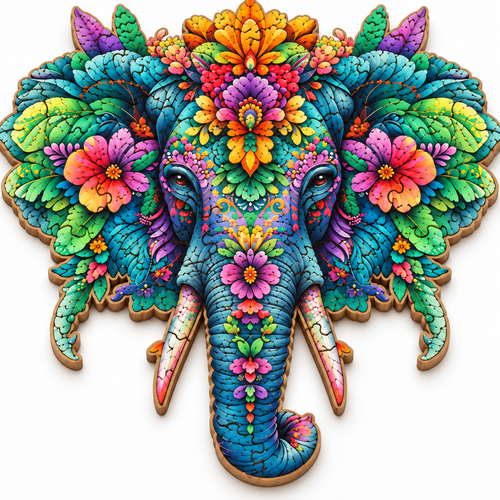 Tropical Floral Elephant Wooden Puzzle with Unique Pieces - alternate view