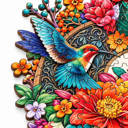 Hummingbird Wooden Jigsaw Puzzle Unique Animal Shaped Pieces Floral Art Puzzle - alternate view