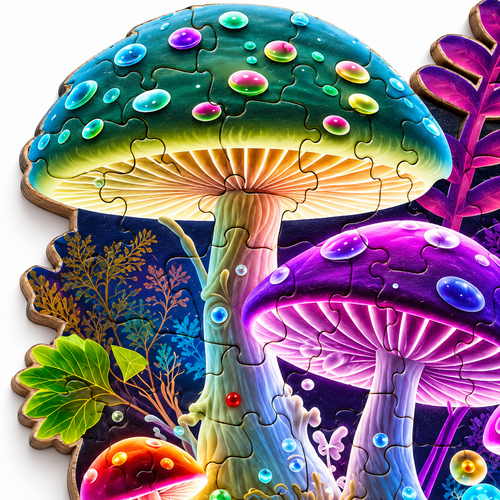 Enchanted Glow Mushroom Wooden Jigsaw Puzzle Fantasy Forest Art with Unique Shaped - alternate view