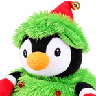 Close-up of the electric dancing singing plush penguin face and Christmas tree costume texture
