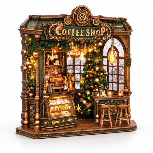 Christmas Coffee Shop Wooden Jigsaw Puzzle Animal Pieces - alternate view