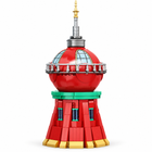 Close-up of the red spherical observation dome tower with pale blue windows, silver railing, antenna, green ring, and red brick-built support.