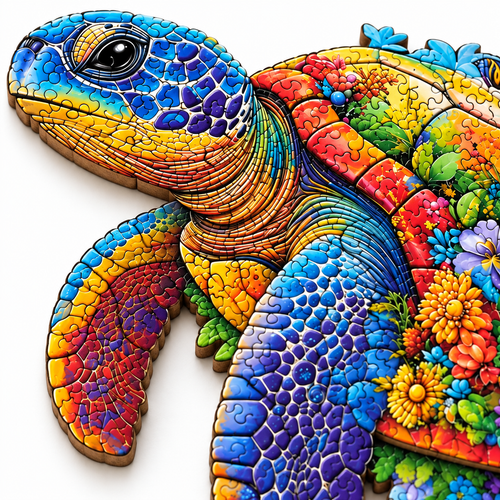Floral Reef: Flower Sea Turtle Irregular Wood Jigsaw - alternate view