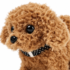 Close-up of the cute electric plush walking puppy curly fleece, face and polka-dot bandana